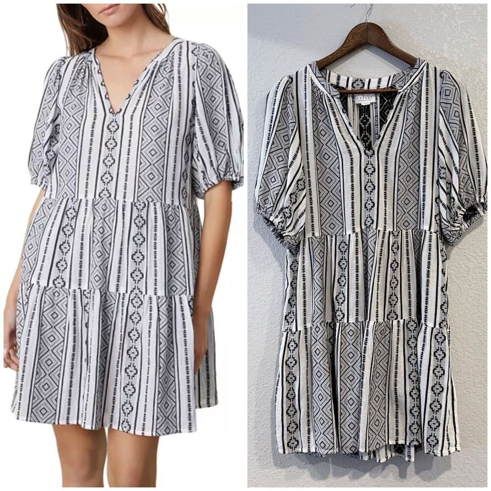 VelvetGraham & Spencer Monique Jacquard Boho Puff Sleeve Dress Black White Small